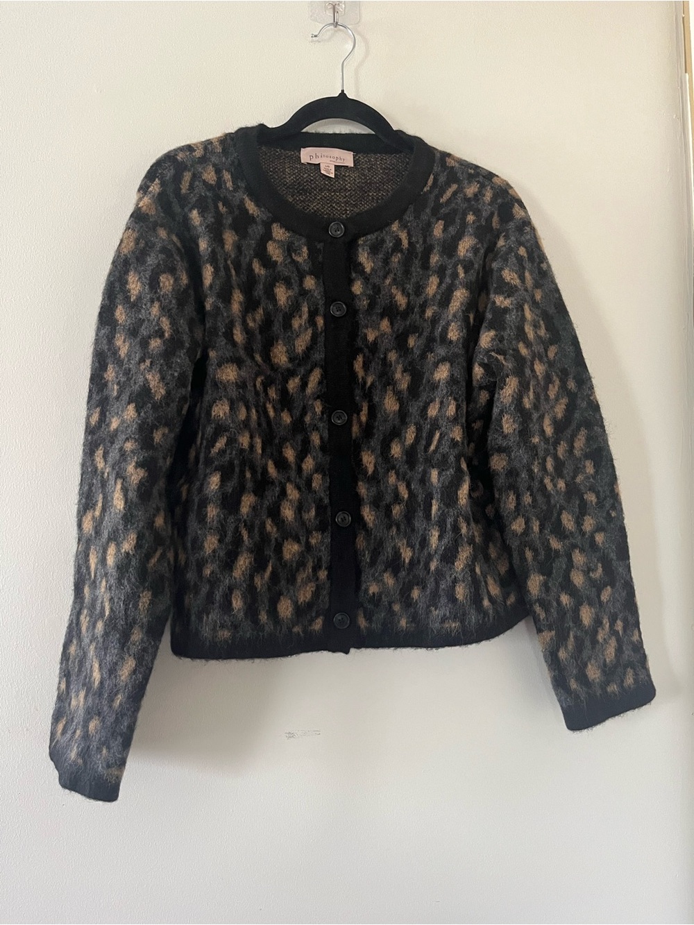 Philosophy Gray Brown Leopard Print Wool Fuzzy Button Up Cardigan Sweater Large